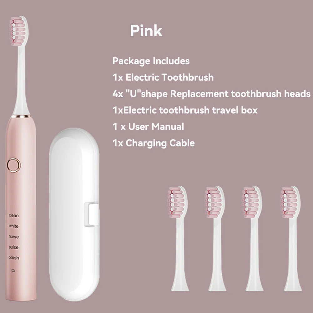Brosse à dents électrique sonique avec 4 têtes de rechange, 5 modes et 3 niveaux d'intensité – Rechargeable et étanche