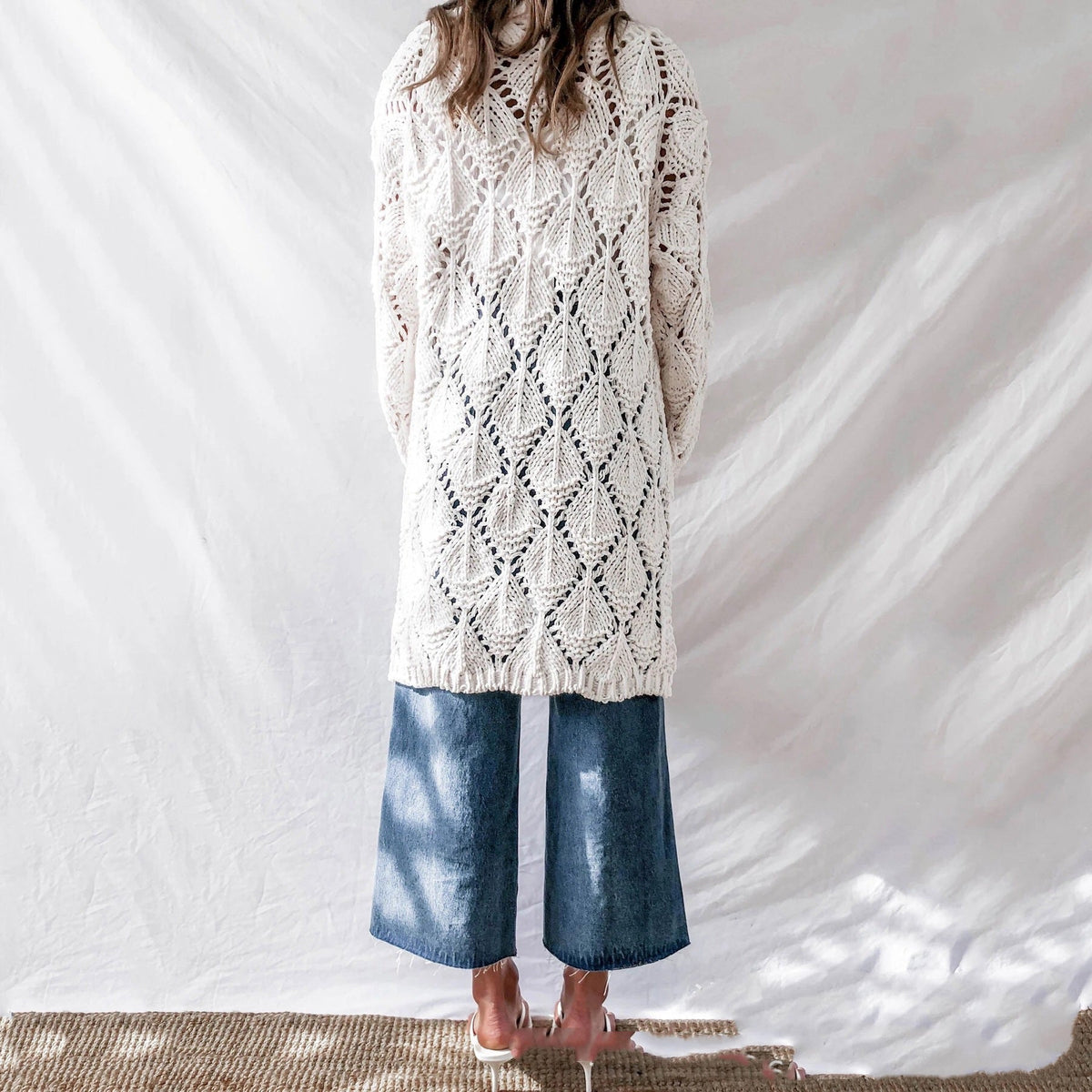 Cardigan long Sora | Chenille douce, tricot ajouré, coupe décontractée
