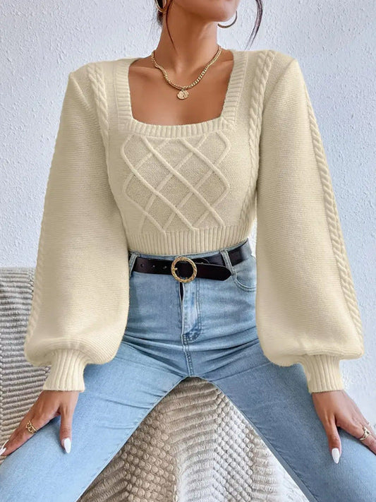 Sora Square Collar Sweater | Cropped Knit with Balloon Sleeves