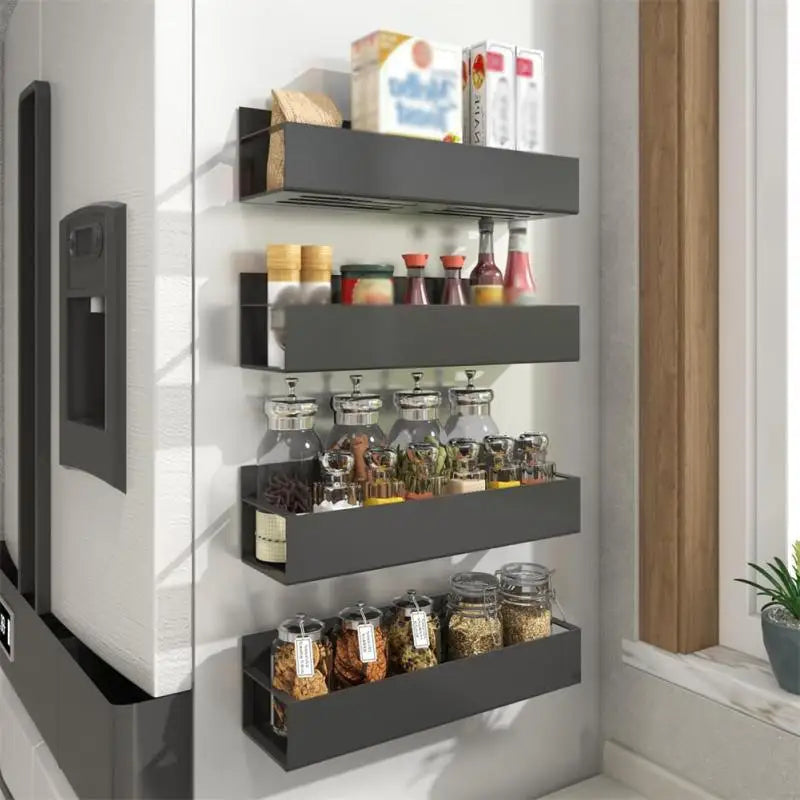 Support magnétique pour épices en fer noir – Organisateur de cuisine pratique pour réfrigérateur, installation facile et gain de place