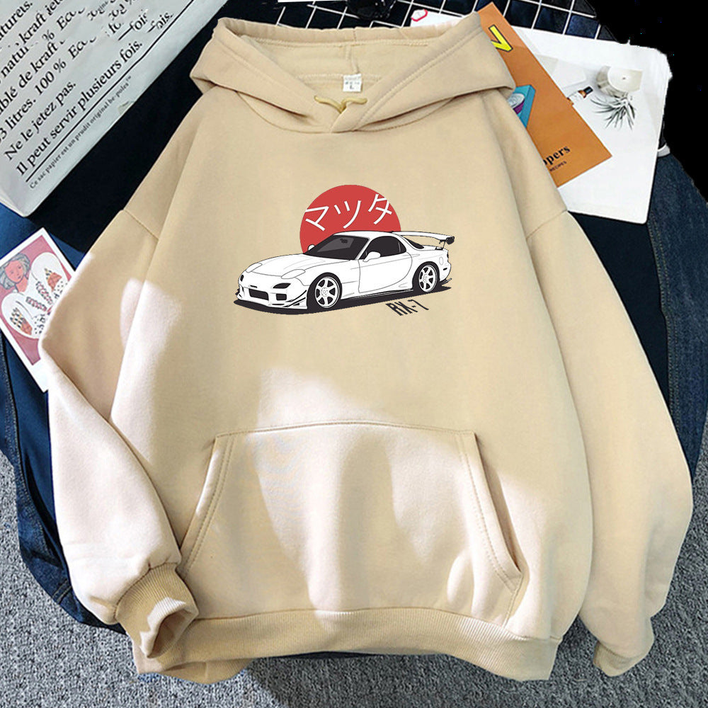 Sweat à Capuche Léger Unisexe avec Graphisme Automobile et Épaules Tombantes – Polyester Doux, Poche Kangourou 2