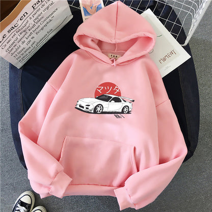 Sweat à Capuche Léger Unisexe avec Graphisme Automobile et Épaules Tombantes – Polyester Doux, Poche Kangourou 3