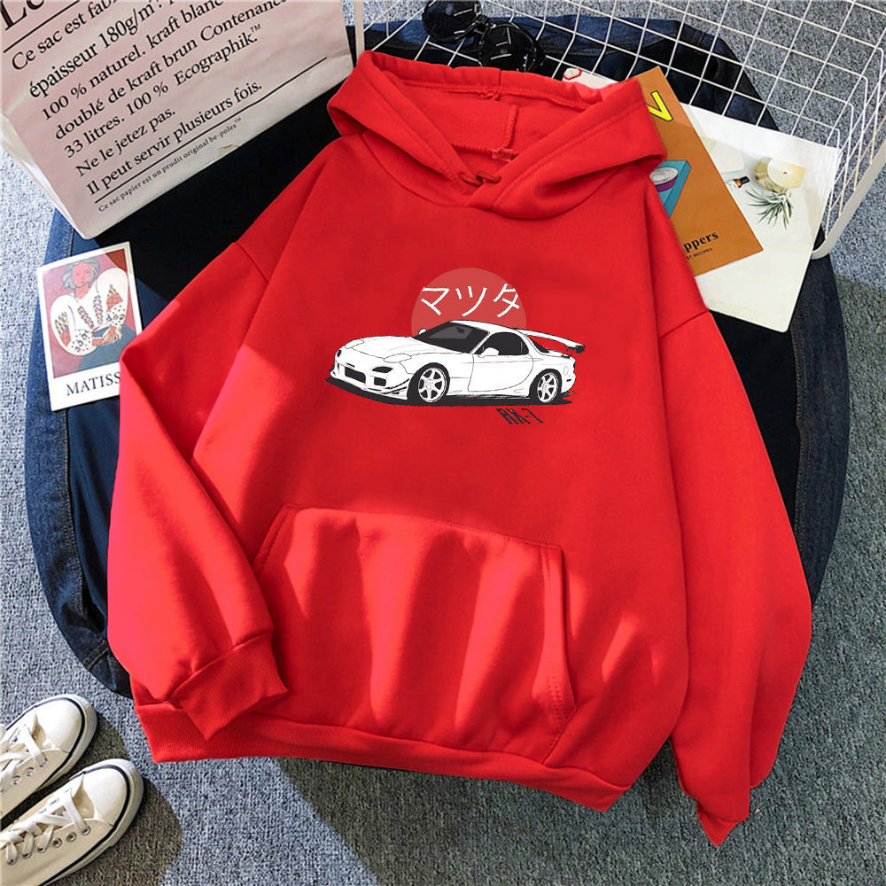 Sweat à Capuche Léger Unisexe avec Graphisme Automobile et Épaules Tombantes – Polyester Doux, Poche Kangourou 4