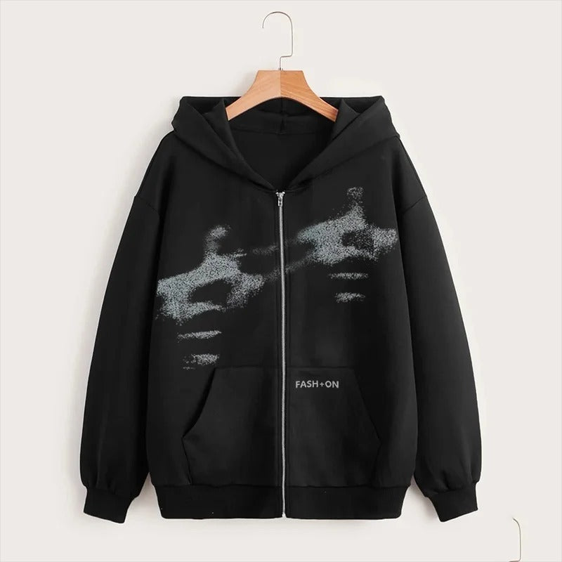 Sweatshirt Zippé Unisexe Oversize en Coton avec Capuche et Imprimé Graphique – Décontracté et Confortable 0