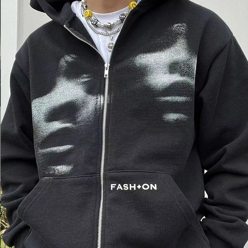 Sweatshirt Zippé Unisexe Oversize en Coton avec Capuche et Imprimé Graphique – Décontracté et Confortable 2