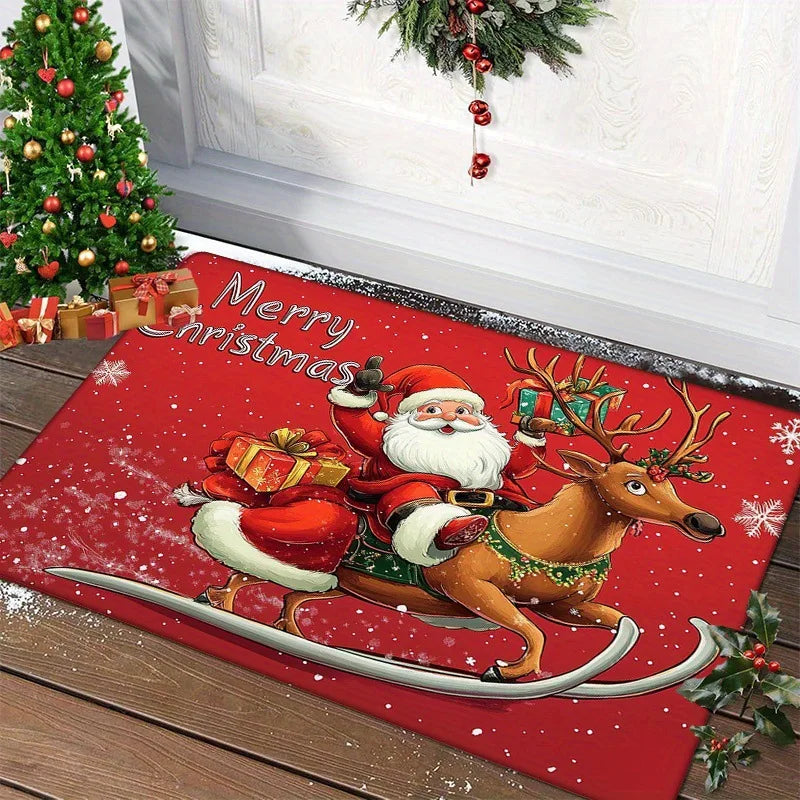 Red Christmas door mat with Santa Claus and gingerbread man – Indoor and outdoor decoration