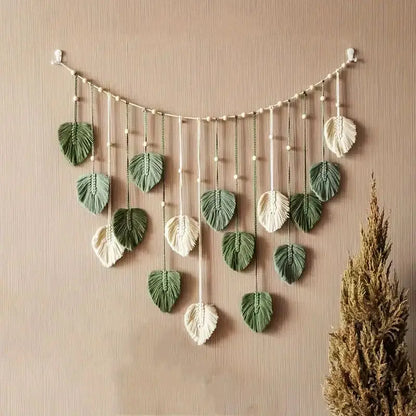 Tenture murale en macramé naturel – Décoration bohème pour salon et chambre, 60x90 cm, couleurs vert foncé et blanc cassé