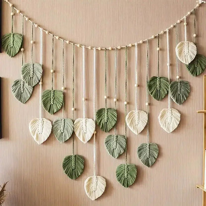 Tenture murale en macramé naturel – Décoration bohème pour salon et chambre, 60x90 cm, couleurs vert foncé et blanc cassé