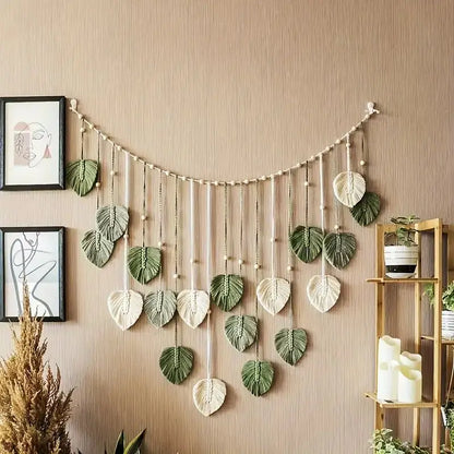 Tenture murale en macramé naturel – Décoration bohème pour salon et chambre, 60x90 cm, couleurs vert foncé et blanc cassé