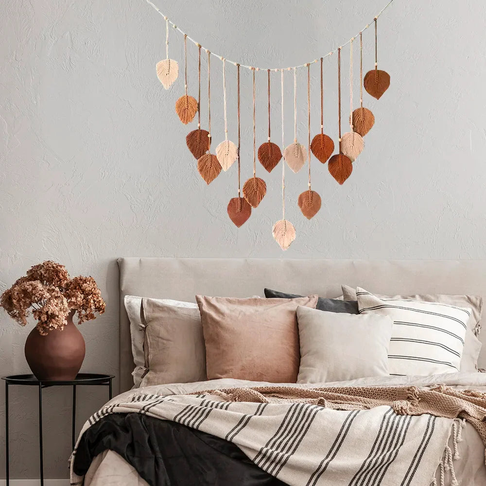 Tenture murale en macramé naturel – Décoration bohème pour salon et chambre, 60x90 cm, couleurs vert foncé et blanc cassé