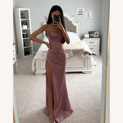 Elegant Backless Slit Evening Dress in Shimmering Fabric for Women – Long Dress Ideal for Special Events