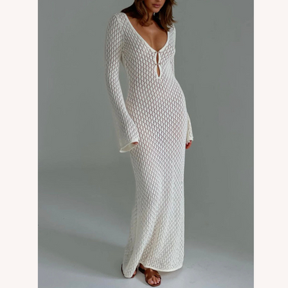 Long Chic Evening Dress in Jersey with Bold Cutouts and V-Neck – Elegant and Sexy for Women
