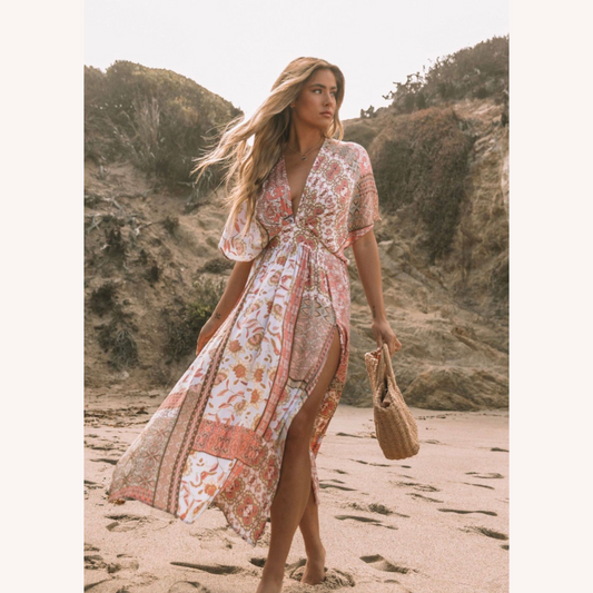 Long Women's Boho Floral Asymmetric Dress in Blended Cotton – Elegant and Comfortable Spring Dress