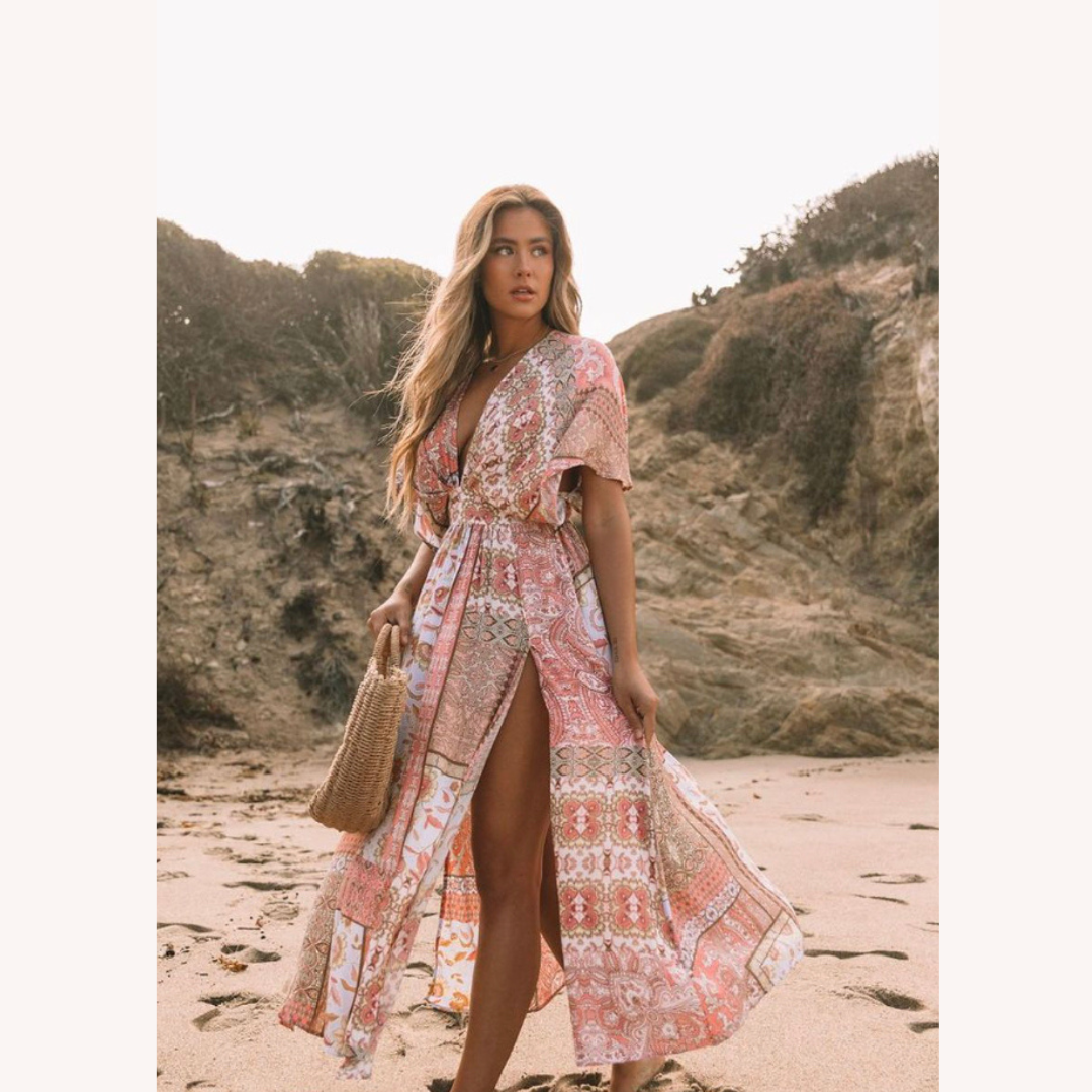 Long Women's Boho Floral Asymmetric Dress in Blended Cotton – Elegant and Comfortable Spring Dress