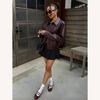 Veste aviateur élégante pour femme en cuir synthétique avec taille élastique – Style moderne et polyvalent