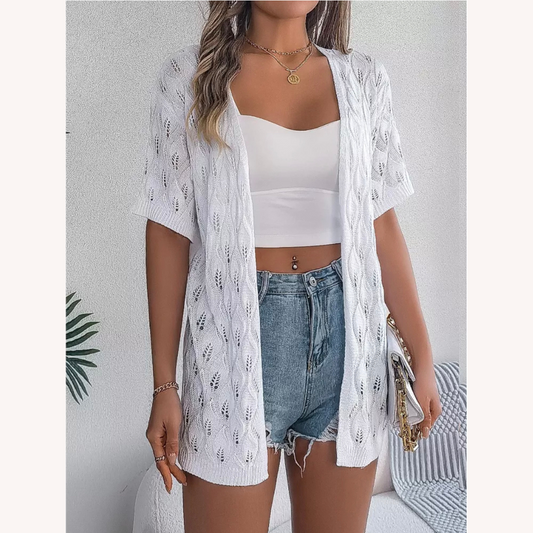 Cardigan en jersey pour femme avec découpe en forme de feuille – Élégance décontractée, manches mi-longues, confort optimal