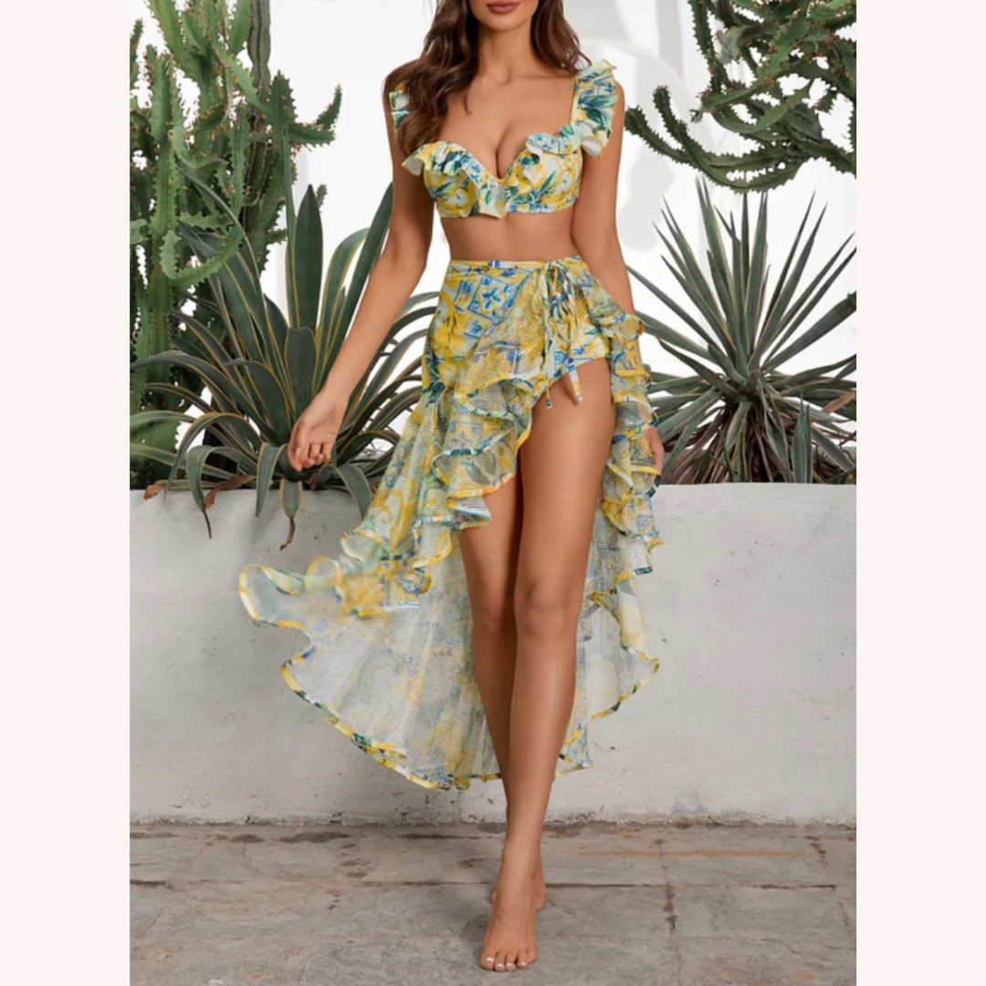 Ensemble maillot de bain bohème fleuri pour femme avec jupe et détails en dentelle – Floral et élégant pour l'été