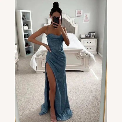 Elegant Backless Slit Evening Dress in Shimmering Fabric for Women – Long Dress Ideal for Special Events