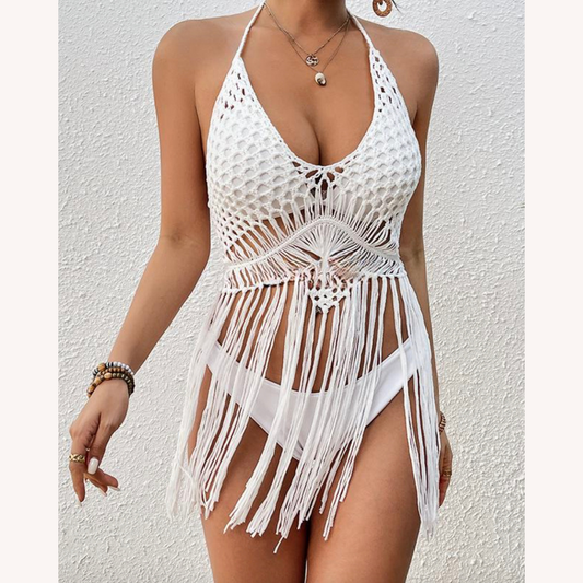 Haut sans manches pour femme style bohème en acrylique avec franges – Haut d'été tendance et confortable