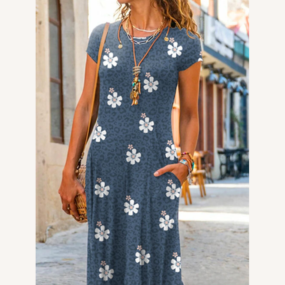 Robe longue décontractée à fleurs pour femme avec manches courtes - Élégance bohème en coton