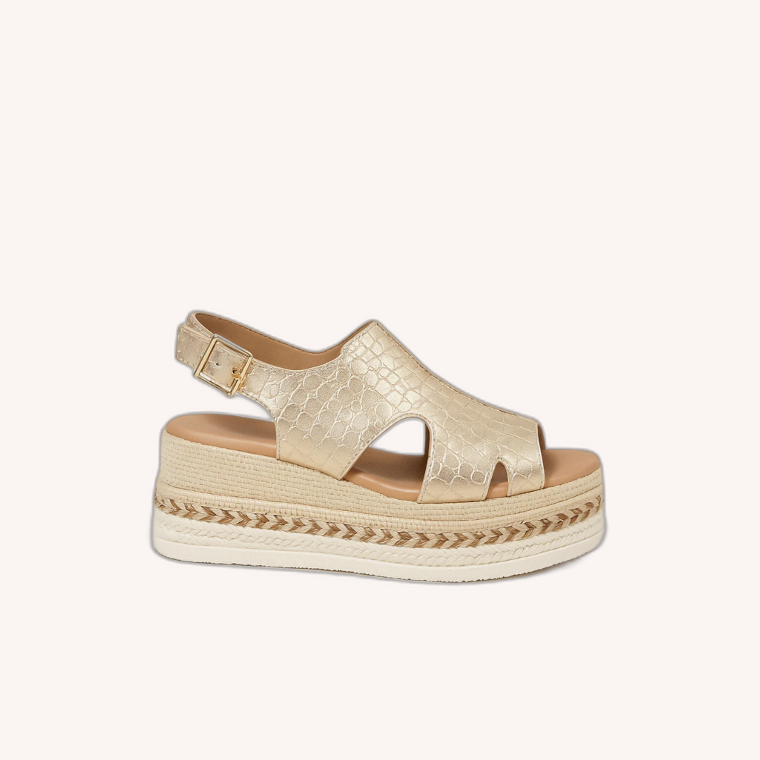 Women's Metallic Gold Sandals Size 38 PU Leather Wedge