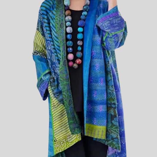Vera Long Cardigan | Ethnic Print, Cotton-Linen Blend for Women