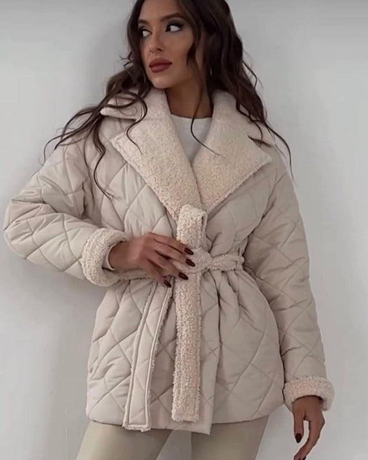 Wanda Women's Coat | Quilted Sherpa Lapel, Belted Design