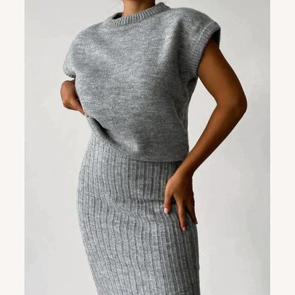Ensemble tricoté côtelé pour femme – Haut sans manches et jupe élégante taille haute