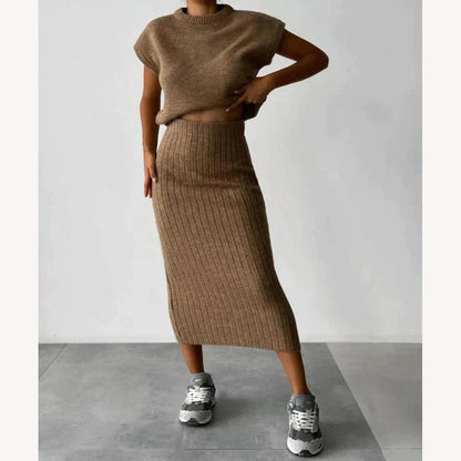 Ensemble tricoté côtelé pour femme – Haut sans manches et jupe élégante taille haute