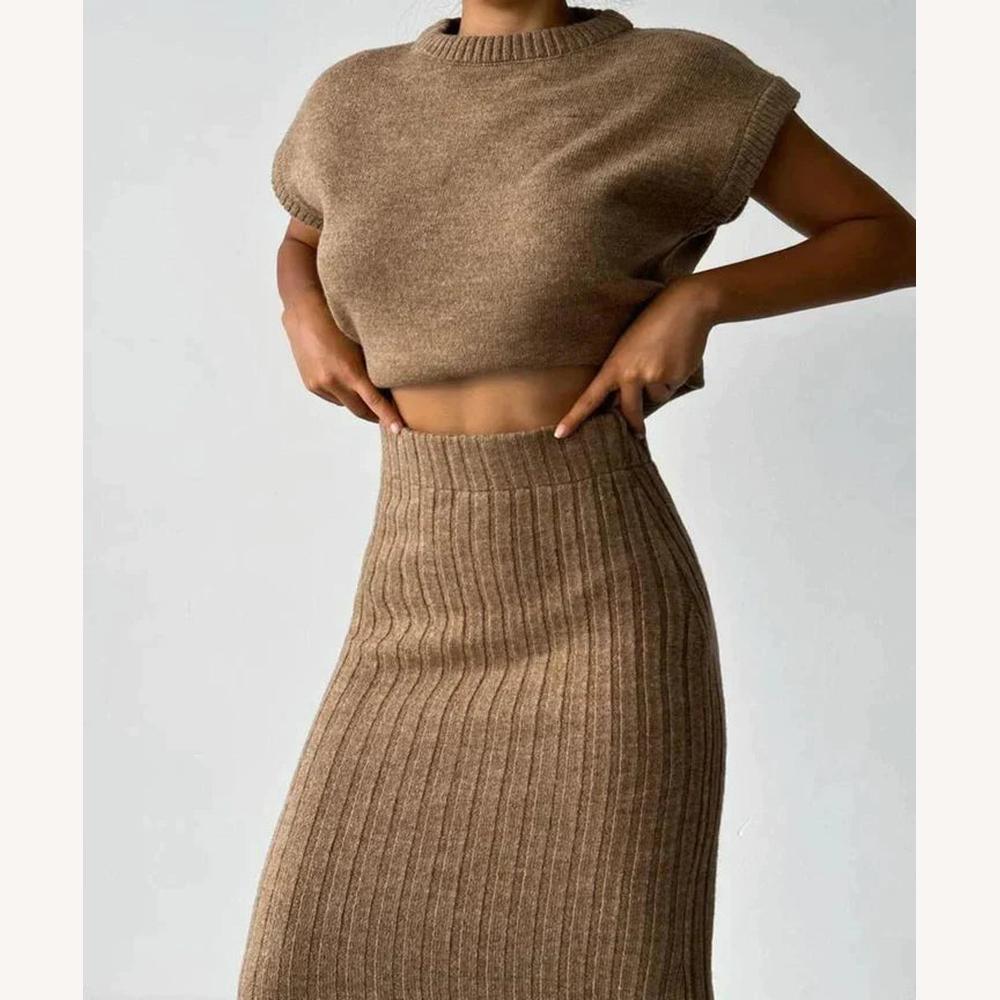 Ensemble tricoté côtelé pour femme – Haut sans manches et jupe élégante taille haute