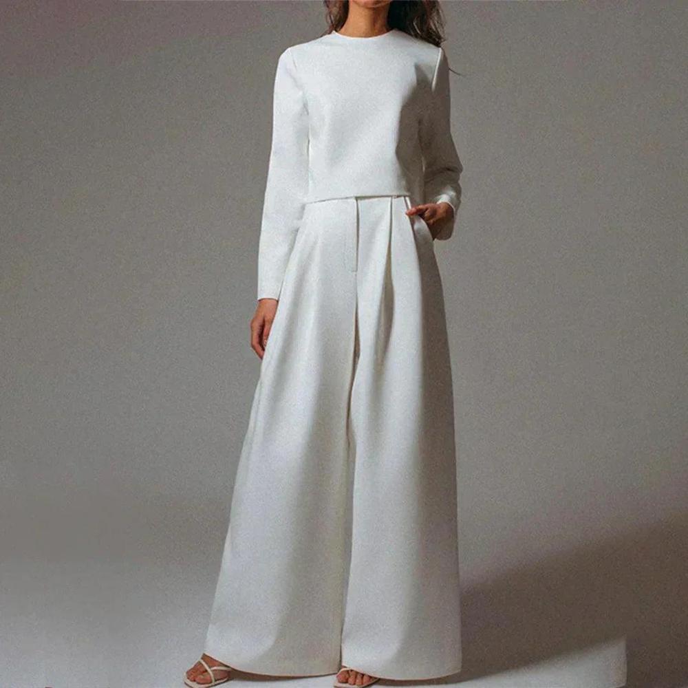 Ensemble élégant pour femme avec pantalon large – Haut court et pantalon taille haute en polyester