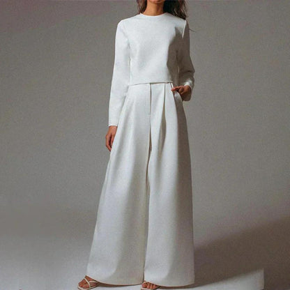 Ensemble élégant pour femme avec pantalon large – Haut court et pantalon taille haute en polyester