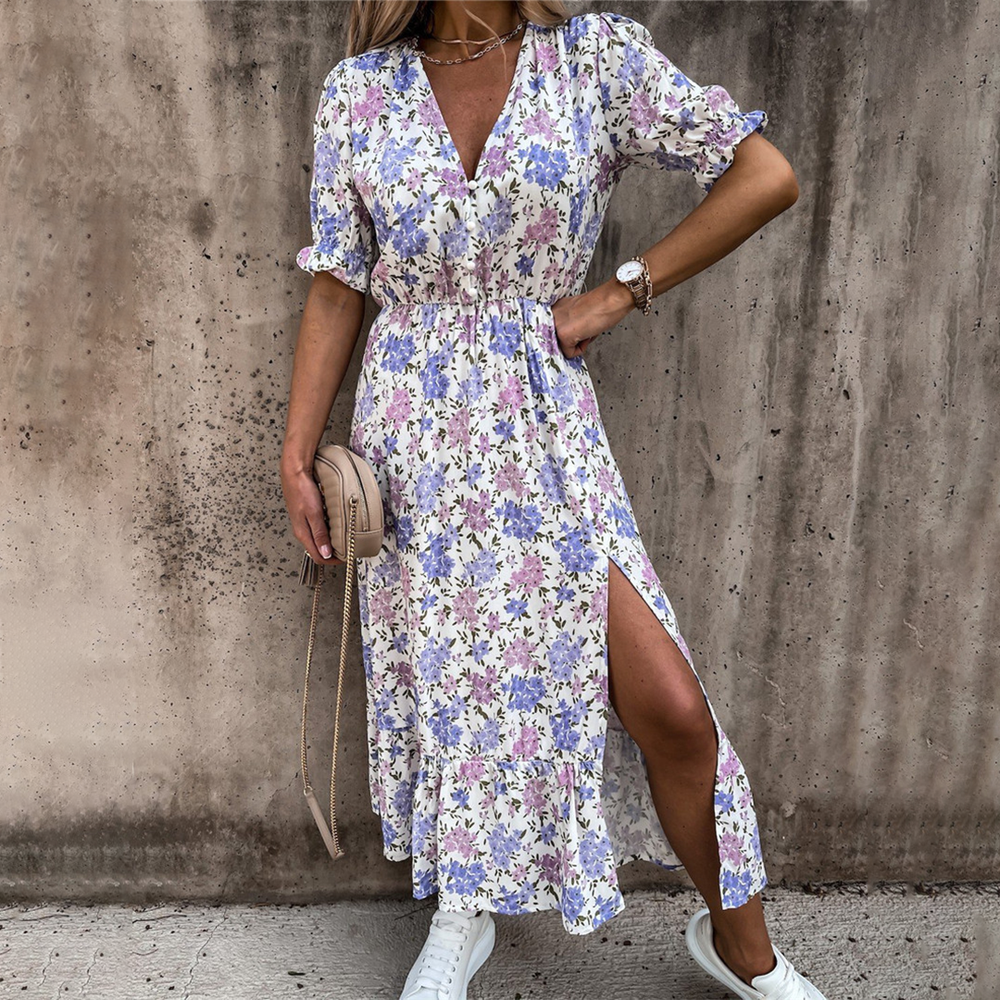 Robe longue de soirée pour femme avec encolure en V et fente – Élégante et fluide pour le dîner et les occasions spéciales