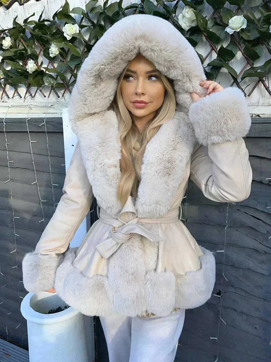 Wina Hooded Coat | Peplum, Faux-Fur Trim