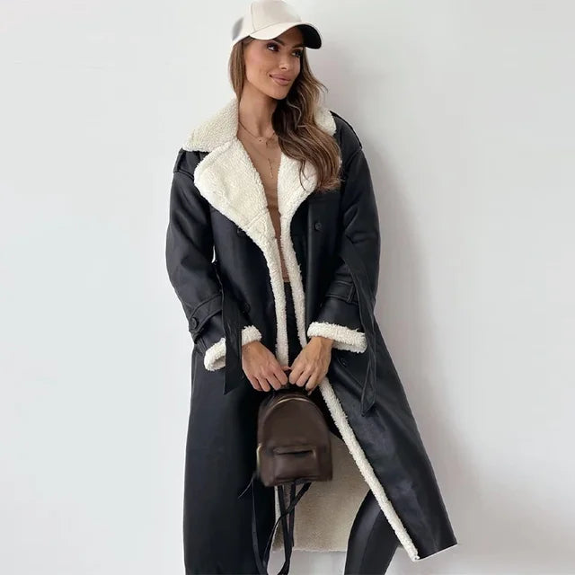 Wina Long Coat | Shearling Lined Faux-Leather