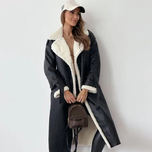 Wina Long Coat | Shearling Lined Faux-Leather