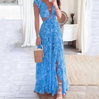 Robe longue de soirée pour femme à col en V et motif floral – Élégante et polyvalente pour toutes les occasions