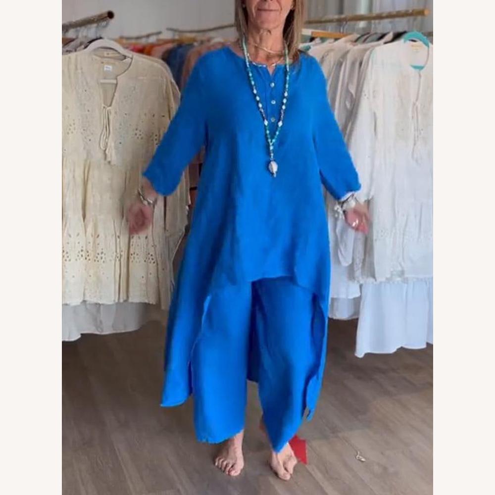 Ensemble léger en lin pour femme avec tunique asymétrique et pantalon ample – Idéal pour l'été