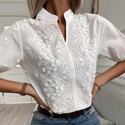 Women's Lightweight Embroidered Cotton Blouse with Chic Mandarin Collar – Elegant White Blouse for a Summer Style