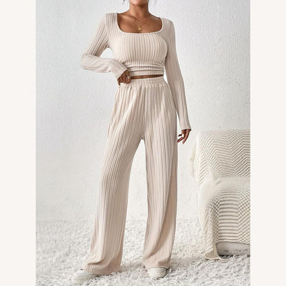 Ensemble détente côtelé 2 pièces femme – Haut court à manches longues et pantalon large taille haute beige