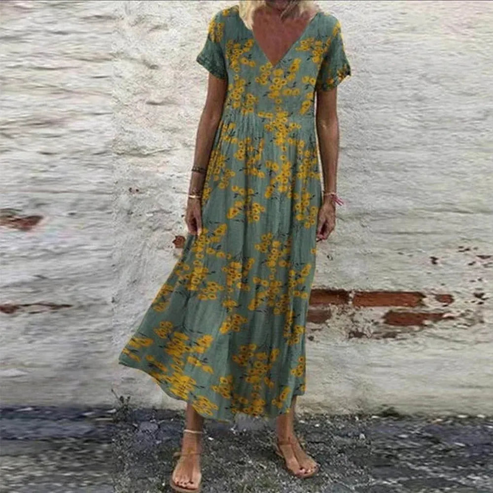Robe d'été pour femme avec fleurs - Col en V, manches courtes, coton et rayonne, élégante et confortable