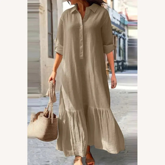 Casual Vintage Long Dress for Women with Turn-Down Collar and Solid Buttons - 100% Cotton, Available in S to XL