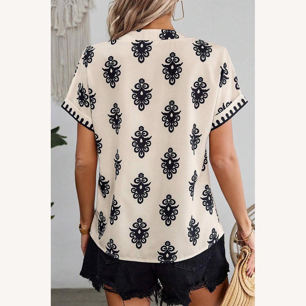 Blouse imprimée bohémienne pour femme en polyester léger avec col en V et manches courtes - beige et noir