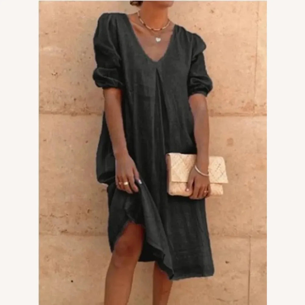 Robe longue en lin pour femme avec encolure en V - Élégance décontractée pour l'été, confortable et légère