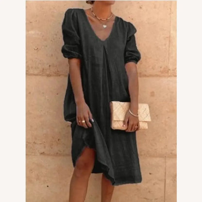 Robe longue en lin pour femme avec encolure en V - Élégance décontractée pour l'été, confortable et légère