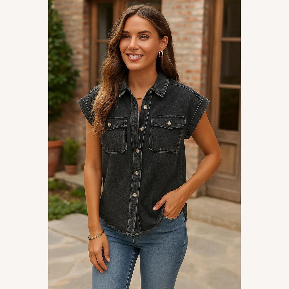 Chemise en denim noir délavé pour femme avec ourlet effiloché – Style décontracté en coton mélangé