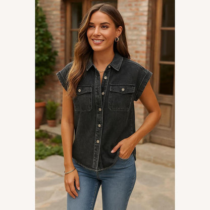 Chemise en denim noir délavé pour femme avec ourlet effiloché – Style décontracté en coton mélangé