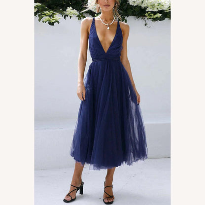 Robe mi-longue pour femme en tulle avec encolure en V – Élégante et raffinée pour les occasions spéciales