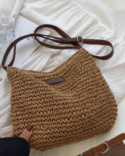 Sac d'épaule en paille de qualité supérieure pour femme avec bandoulière réglable en cuir végétal – Idéal pour un usage quotidien