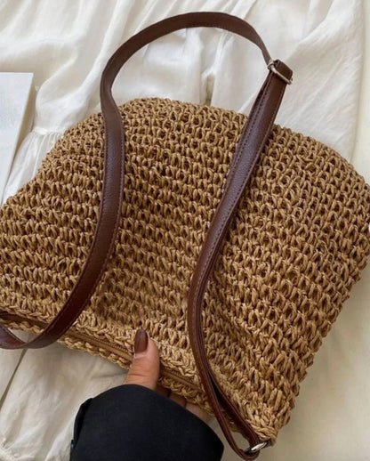 Sac d'épaule en paille de qualité supérieure pour femme avec bandoulière réglable en cuir végétal – Idéal pour un usage quotidien
